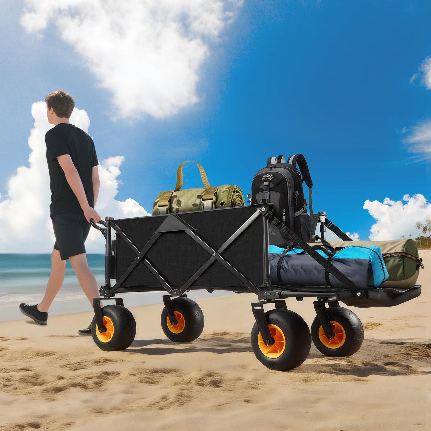 Wheelive Outdoor Wagon with Inflatable All-Terrain Big Wheels,220 LBS Heavy Duty Folding Beach Wagon with Extra Long Extender,Grocery Cart with Cup Holders and Pocket for Groceries, Garden & Camping