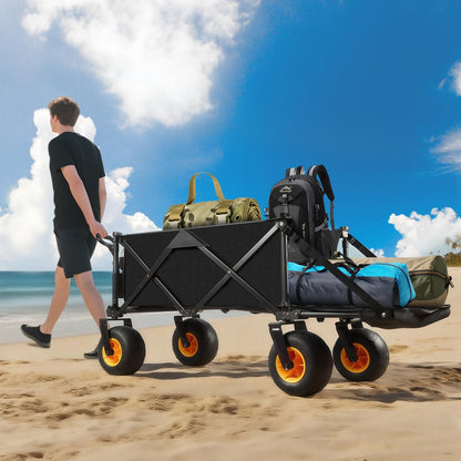 Wheelive Outdoor Wagon with Inflatable All-Terrain Big Wheels,220 LBS Heavy Duty Folding Beach Wagon with Extra Long Extender,Grocery Cart with Cup Holders and Pocket for Groceries, Garden & Camping