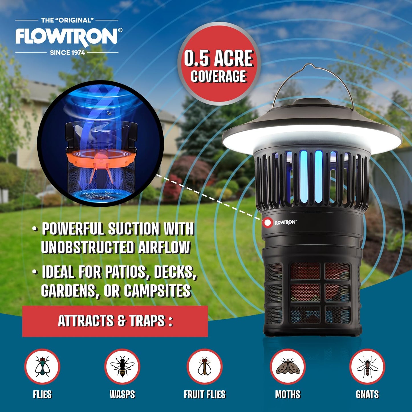 Flowtron Bug Trap Lantern | 2-in-1 UV Mosquito Trap & LED Camping Lantern, 21000 Sq Ft Coverage, 4000mAh Rechargeable Battery, Cordless Insect Trap with Fan for Patio Backyard Indoor Outdoor