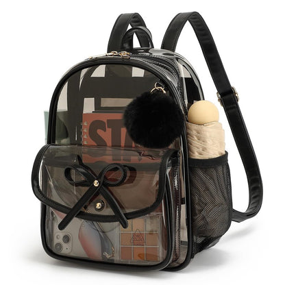 ASKSKY Clear Backpack for Stadium Events 12x12x6, Thick PVC Small Clear Bag with Leather Trim Fashion Women Backpack for Concerts, Sports, Festivals, Work, Travel-Black