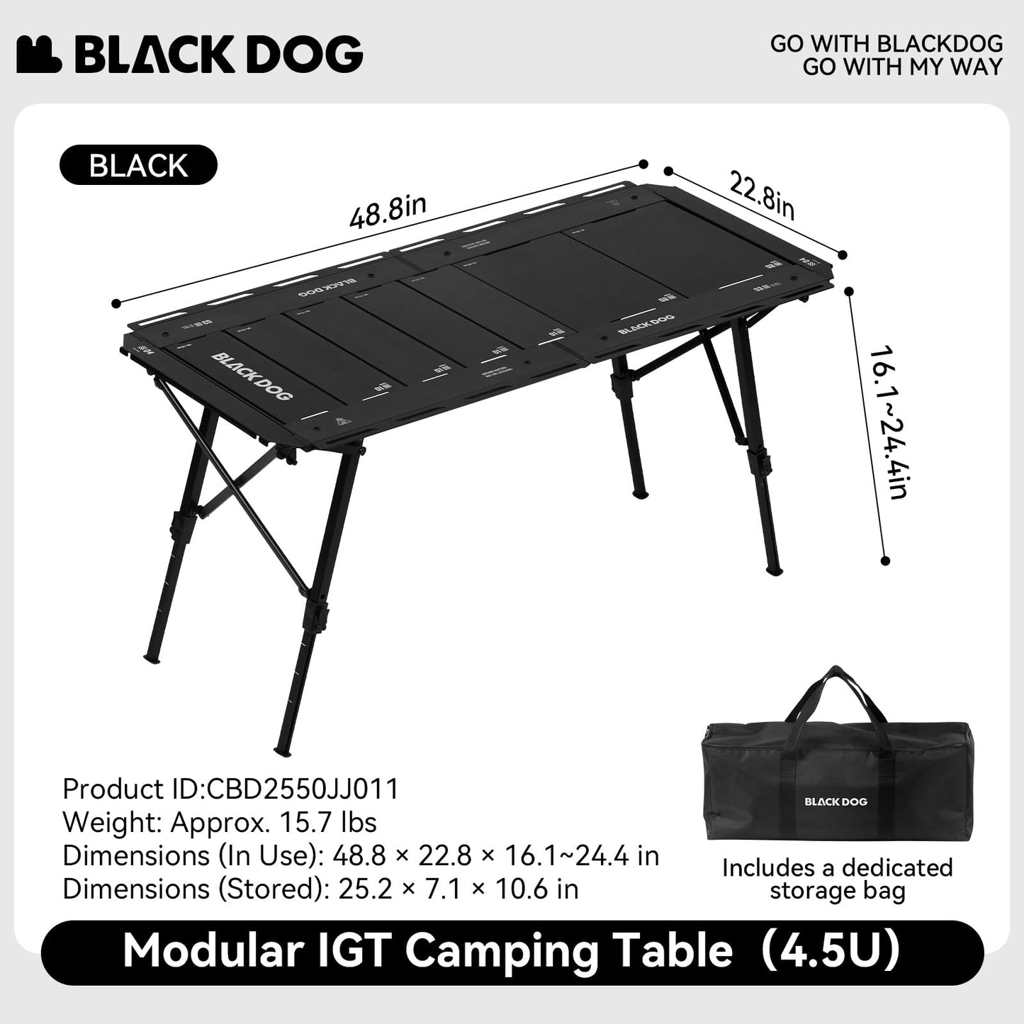 BLACKDOG Modular IGT Camping Table with Center-Folding Design, 4.5 Unit Aluminum Outdoor Kitchen Table, Adjustable Height 16"-24", Portable Folding Camp Table with Side Rails & 7 Expandable Plates