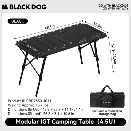 BLACKDOG Modular IGT Camping Table with Center-Folding Design, 4.5 Unit Aluminum Outdoor Kitchen Table, Adjustable Height 16"-24", Portable Folding Camp Table with Side Rails & 7 Expandable Plates