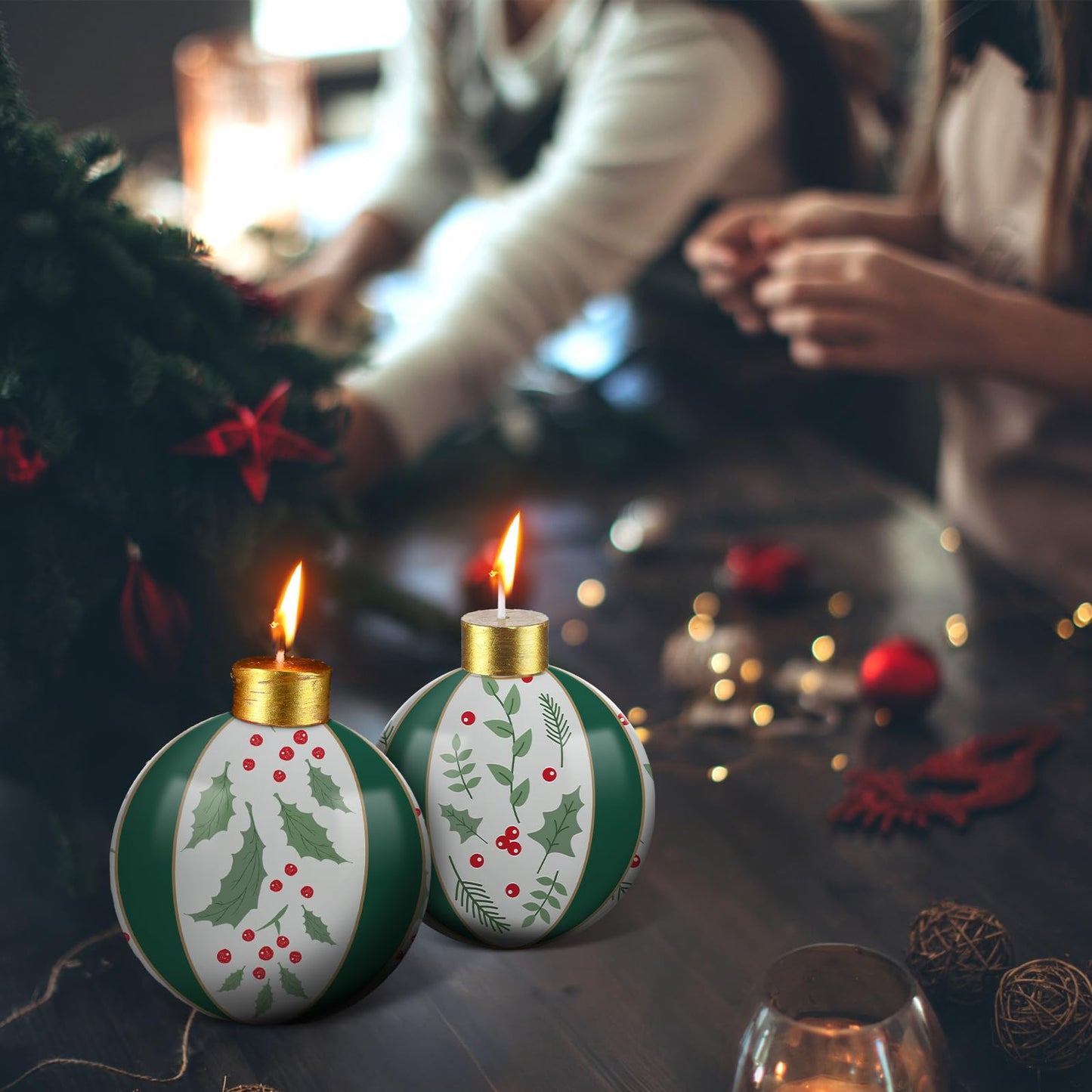 Lounsweer 4 Pcs Rustic Holly Berries Ball Candles Christmas, Round Ball Ornament Candles 3 Inch Unscented Decorative Sphere Candle for Weddings Christmas Home Decoration Gifts