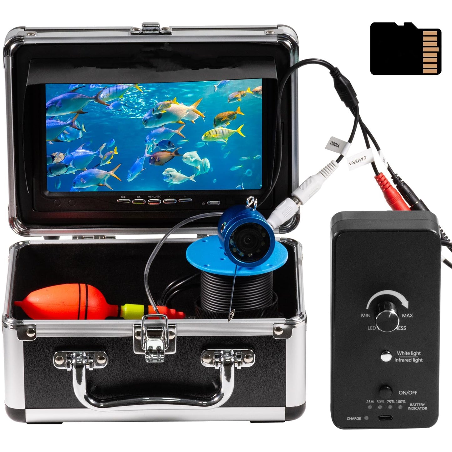 1200TVL HD Underwater Ice Fishing Camera with DVR (Includes 32GB Card) & 7" 1024x600 Monitor, 30m Cable, 10000mAh, 12 White+12 IR LEDs, Aluminium Case
