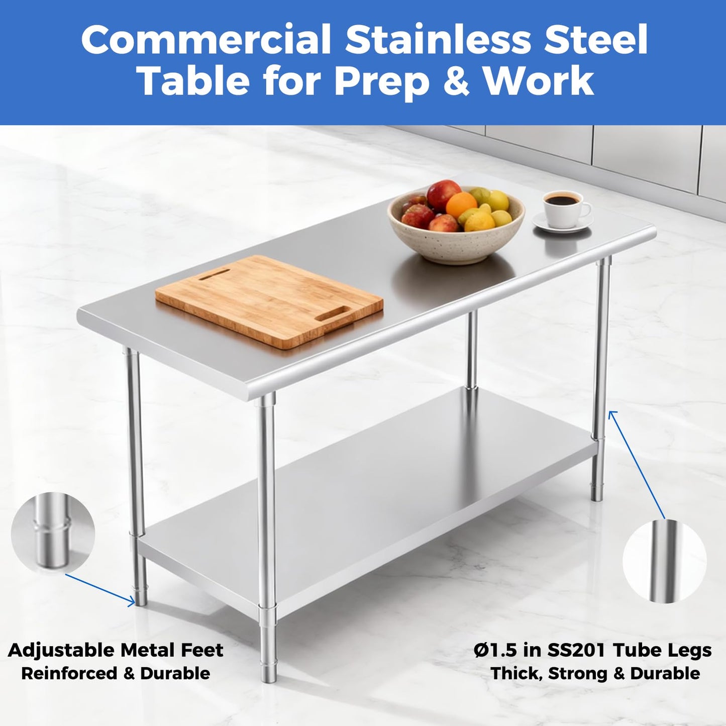 OSTBA Stainless Steel Table for Prep & Work 24x36 Inches, NSF Metal Commercial Heavy Duty Table with Adjustable Undershelf and Adjustable Foot for Restaurant Kitchen Home and Hotel