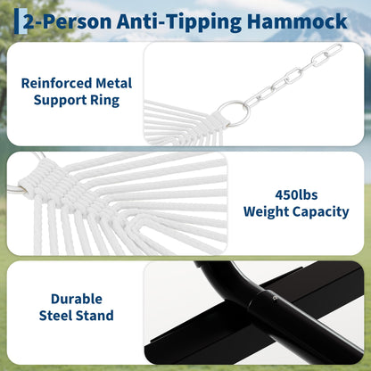 2 Person Double Hammock with Adjustable Steel Stand & Pillow, Heavy Duty Portable Outdoor Hammock Set, MAX 450 LBS Weight Capacity for Patio, Garden, Beach, Backyard