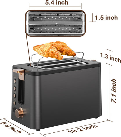 Mecity 2-Slice Toaster - Stainless Steel Body with 6 Browning Settings & Extra Wide Slots | Grey