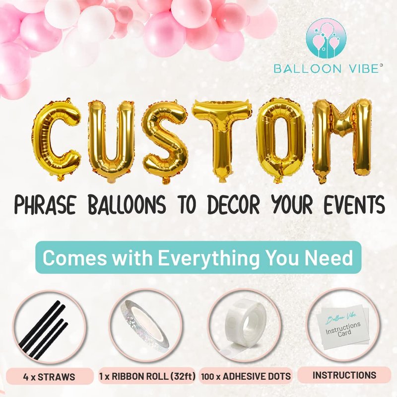 BALLOON VIBE Letter Balloons 16 Inch - Custom Phrase Alphabets & Numbers Foil Mylar Balloons with Straws, Ribbon and Adhesive Dots - Create Your Own Banner for Birthday, Baby Shower - 11 Colors