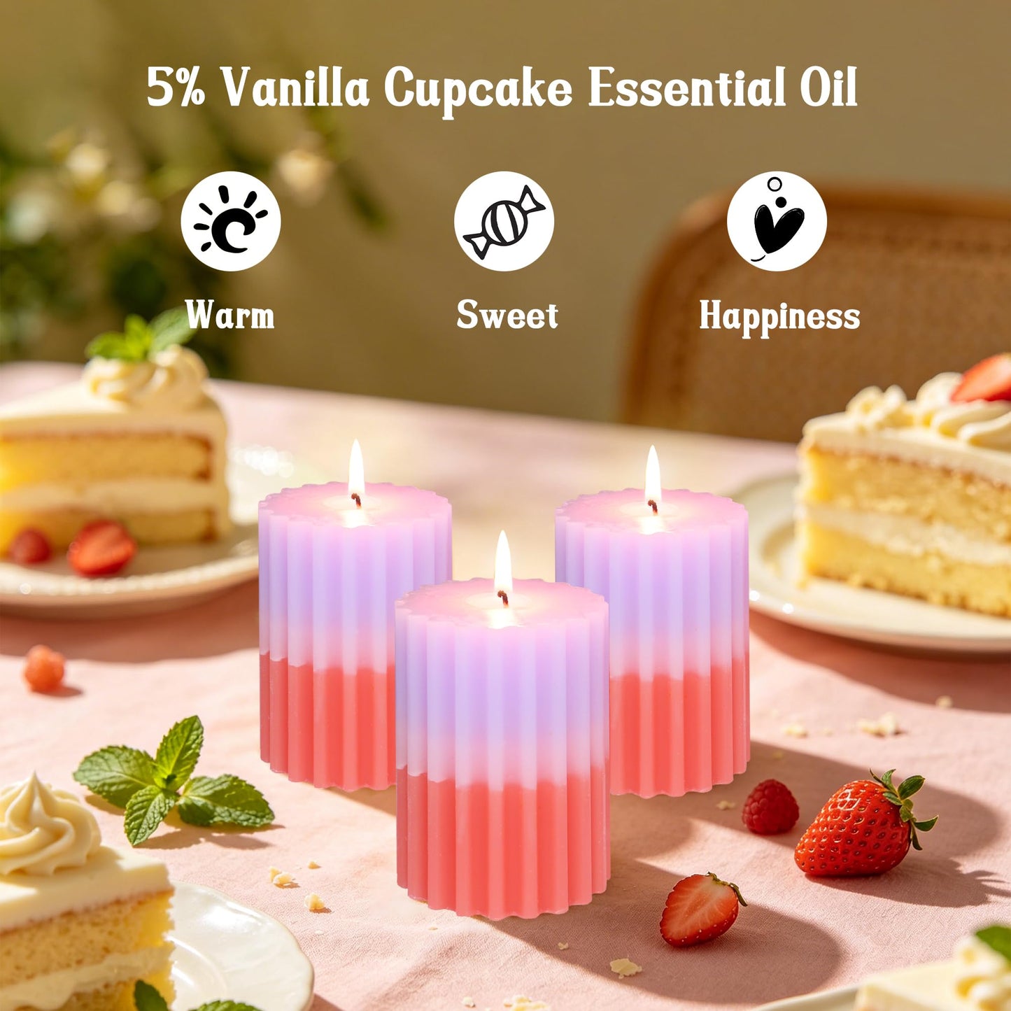 FLAVCHARM Ribbed Pillar Candles Purple Coral Gradient Vanilla Scented 3x4 Inch Candle Handmade Striped Aesthetic Retro Textured Pillar Candle for Boho Home Decor, Coffee Table, Weddings Party, 3-Pack