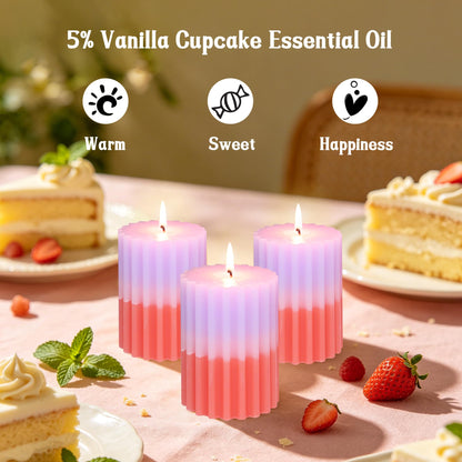 FLAVCHARM Ribbed Pillar Candles Purple Coral Gradient Vanilla Scented 3x4 Inch Candle Handmade Striped Aesthetic Retro Textured Pillar Candle for Boho Home Decor, Coffee Table, Weddings Party, 3-Pack