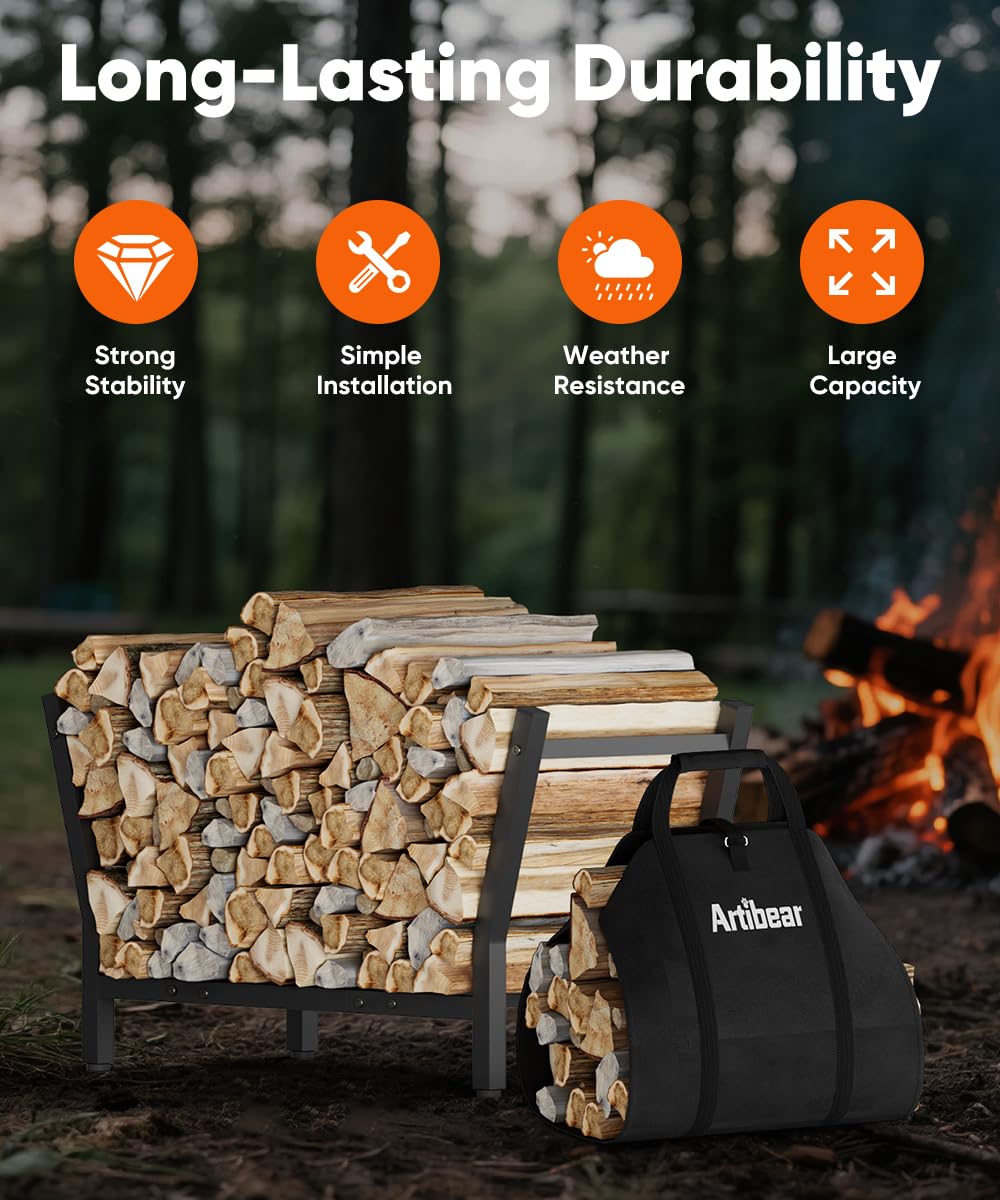 Artibear 4FT Firewood Rack Outdoor with Black Cover, bundle 28In Indoor Fireplace Log Holder with Carrier Bag