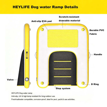 Inflatable Dog Boat Ramp Floating Dock Water Ladder for Pool, Boat, Non-Slip EVA Floating Ladder Pool Ramp for Dog Up to 220 LBs with Dual-Action Air Pump