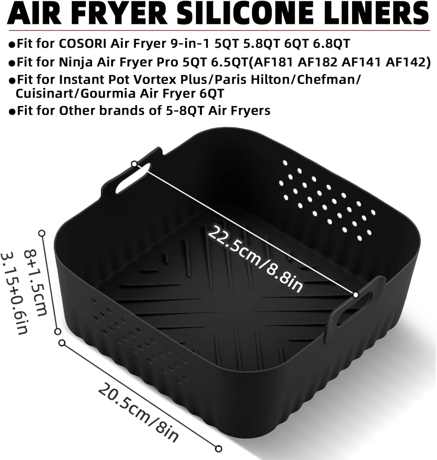 LYHOLKEER Air Fryer Silicone Liners - Reusable Square Liners for COSORI & Ninja | 2 Pcs Set, Fits 5QT-6.8QT