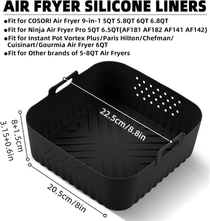 LYHOLKEER Air Fryer Silicone Liners - Reusable Square Liners for COSORI & Ninja | 2 Pcs Set, Fits 5QT-6.8QT