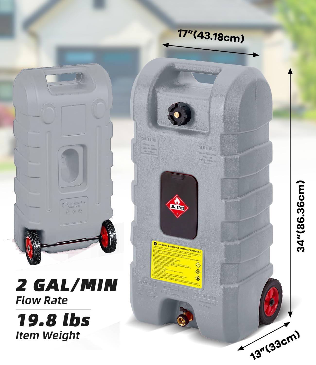 15 Gallon Gas Caddy, Heavy-Duty Gas Can and Fuel Caddy with Manual Fuel Transfer Pump, Portable Fuel Tank on Wheels with 10 ft Hose for Lawn Mowers, Cars, Boats, ATVs, Home and Farm Use, Grey
