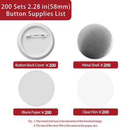 Onemorello 200 Sets Button Maker Supplies, 2.28 inch / 58mm Button Parts Buttons Supplies, Approx. 2.25 in Blank Badge Parts with Blank Paper for Buttons Maker Machine Pin Maker Press