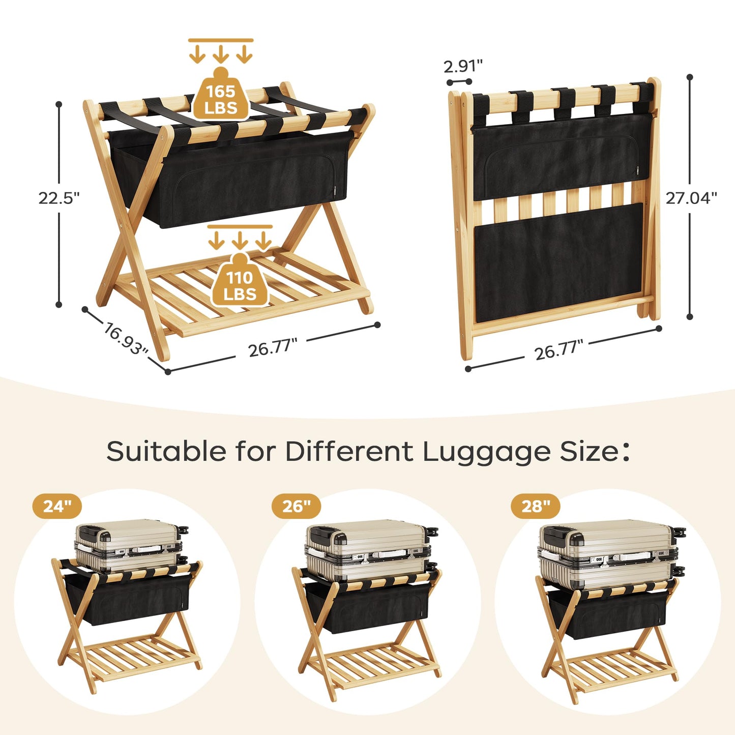 Full Assembled 26.77"L Luggage Rack for Guest Room, Set of 2 Foldable Suitcase Stand with 5 Nylon Straps & Cloth Bag, Luggage Stand Holder with Shoe Shelf for Suitcases Hotel (Natural Wood Bamboo)