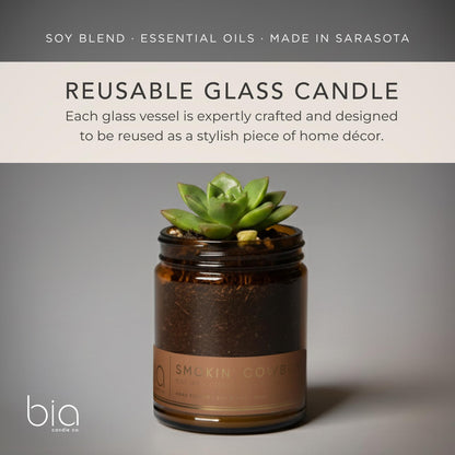 Bia Candle Co. Smokin' Cowboy Candle, Tuscan Leather Sandalwood Cedar Soy Candle, Blue Iris, Perfume-Inspired, Hand Poured USA, High Fragrance Load, Lead-Free Wick, Date Night, 7 oz