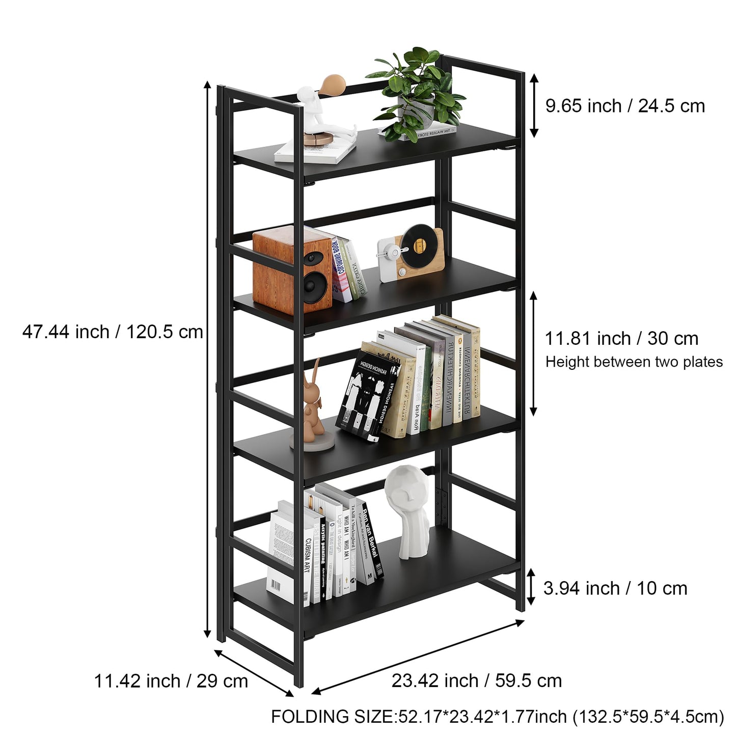 BHG Vintage Multifunctional Folding Bookshelf, No-Assembly Plant Stand Storage Rack Shelves for Home Office (All Black, 4-Tier)