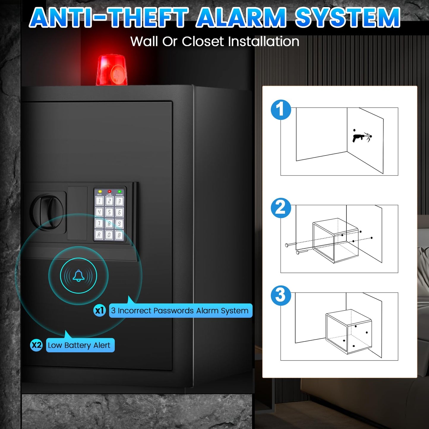 Large Home Safe 3.3 Cuft, Digital Security Safe Box with Smart Alarm System, Wall & Floor Mount Anti-Theft Safe, Removable Shelf & Mute Mode, Safe for Documents, Jewelry, Cash & Valuables