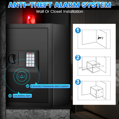 Large Home Safe 3.3 Cuft, Digital Security Safe Box with Smart Alarm System, Wall & Floor Mount Anti-Theft Safe, Removable Shelf & Mute Mode, Safe for Documents, Jewelry, Cash & Valuables