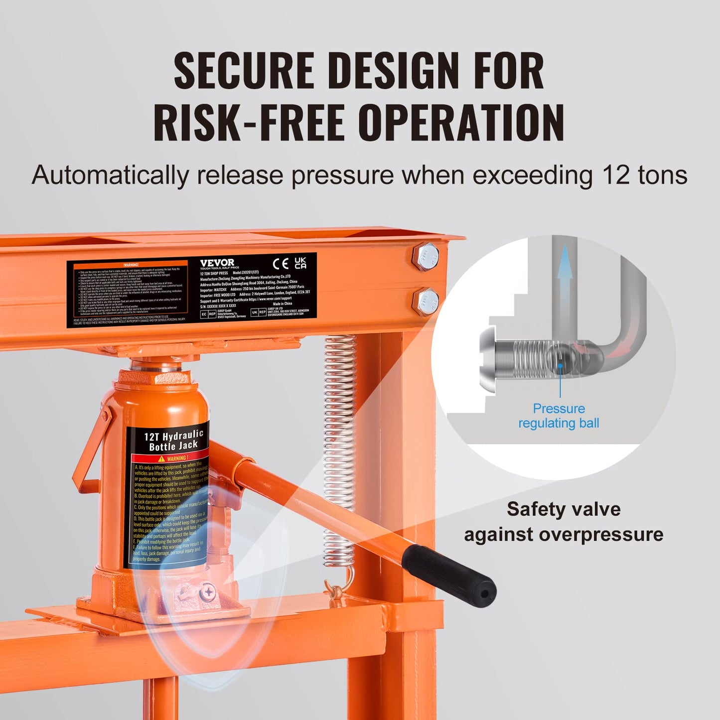 VEVOR Hydraulic Shop Press, 12 Ton/26000lbs, H-Frame, 4-Hold Adjustable Height, with Movable Plates, for Garage or Professional Users, Orange