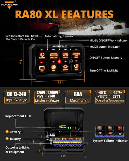 Auxbeam Switch Panel RGB 5 Inch Large 8 Gang Switch Panel RA80 XL Toggle Momentary Pulsed 12V Switch Panel for Car Truck SUV RV Camper Van Offroad Accessories 3 Years Warranty