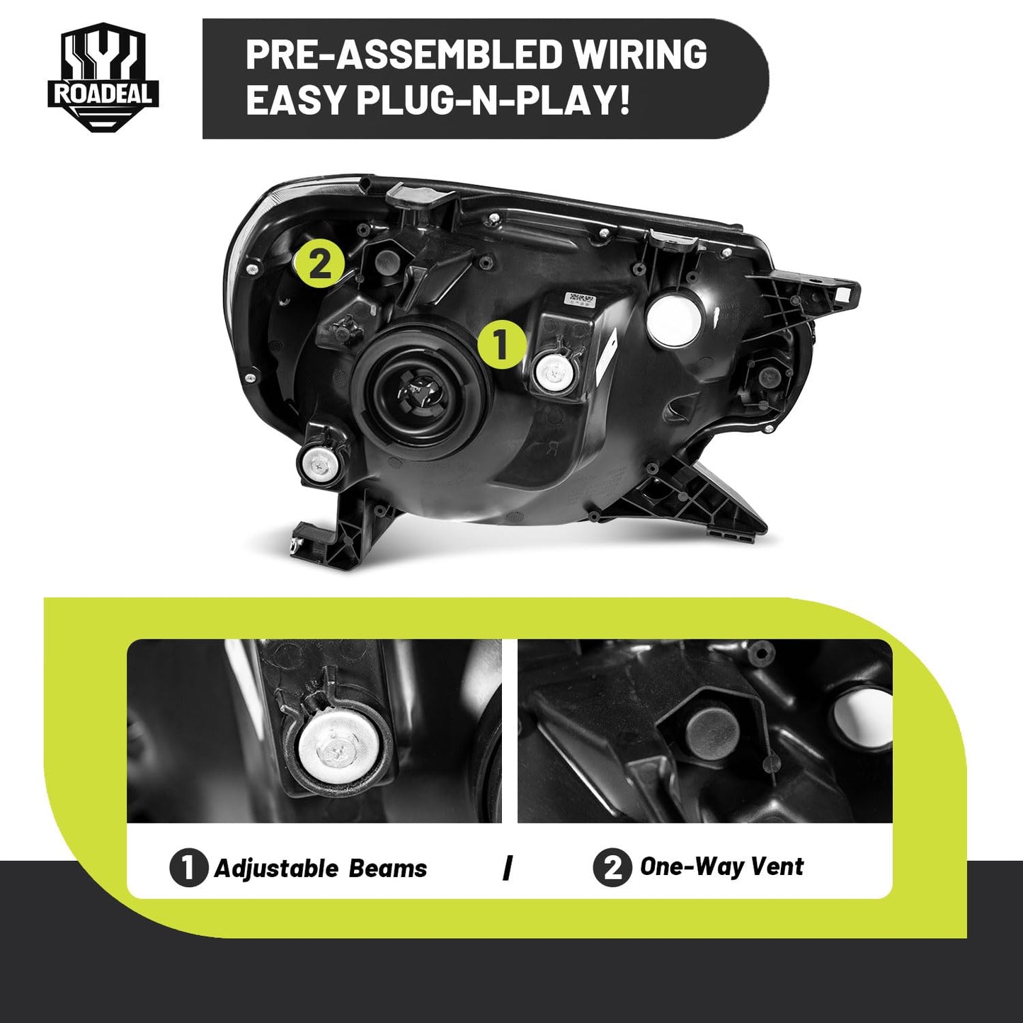 ROADEAL Headlights W/Bulbs for 2012 2013 2014 2015 Toyota Tacoma Halogen Headlamp Replacement Driver & Passenger Side