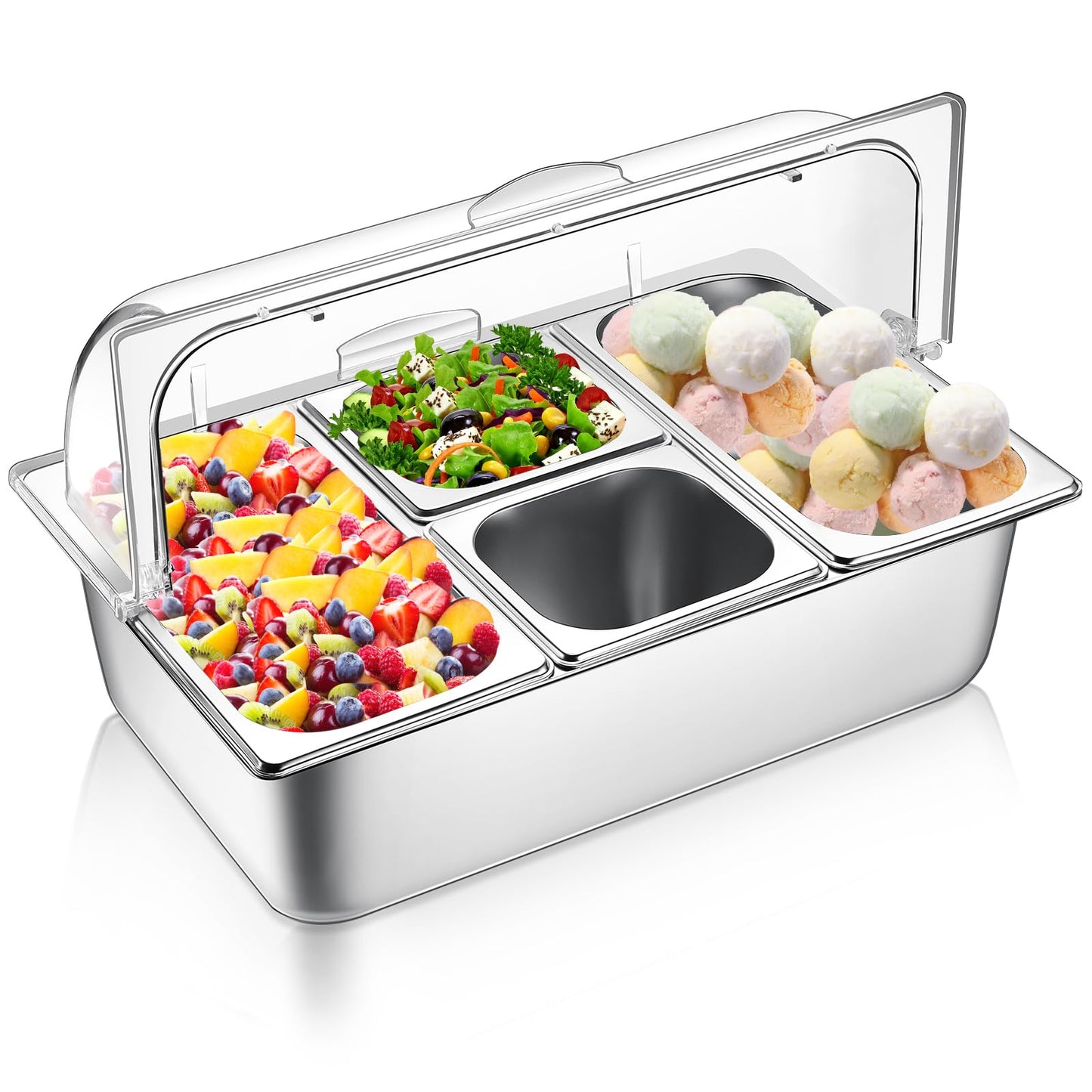Ziliny 4 Pans Countertop Ice Food Serving Display Container and Clear Roll Top Cover Stainless Steel Condiment Dispenser Serving Tray Salad Bar Buffet Station for Restaurant Hotel Kitchen Party