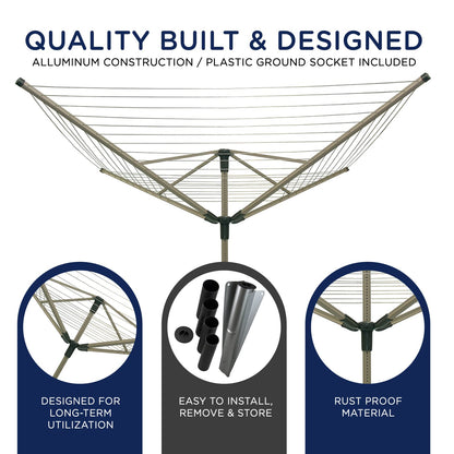 Strata Heavy Duty Rotary Outdoor Drying Rack - 194 Feet Umbrella Clothesline Outdoor Dryer, Light Weight Aluminum Frame Outside Clothes Drying Rack, Sahara Beige
