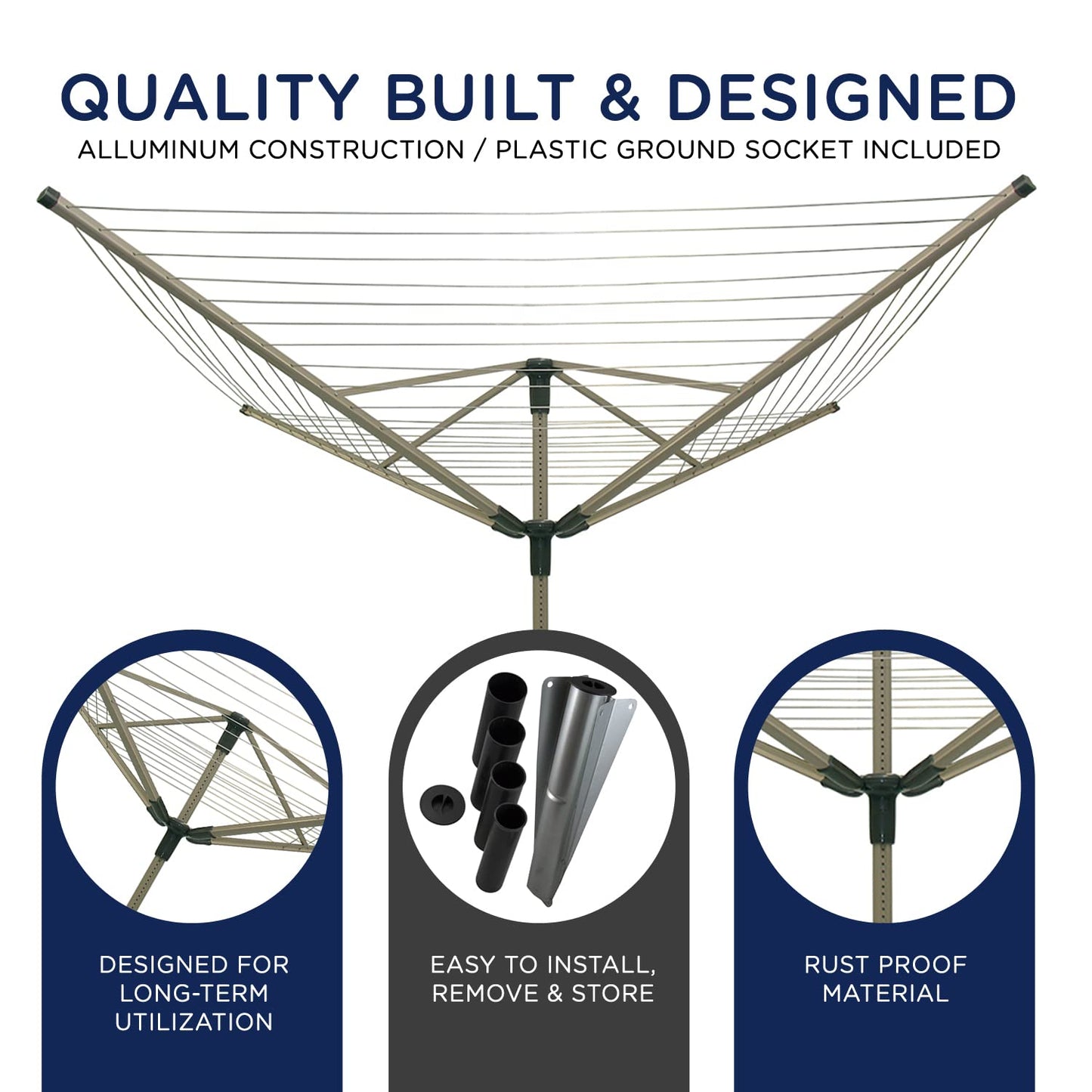Strata Heavy Duty Rotary Outdoor Drying Rack - 194 Feet Umbrella Clothesline Outdoor Dryer, Light Weight Aluminum Frame Outside Clothes Drying Rack, Sahara Beige