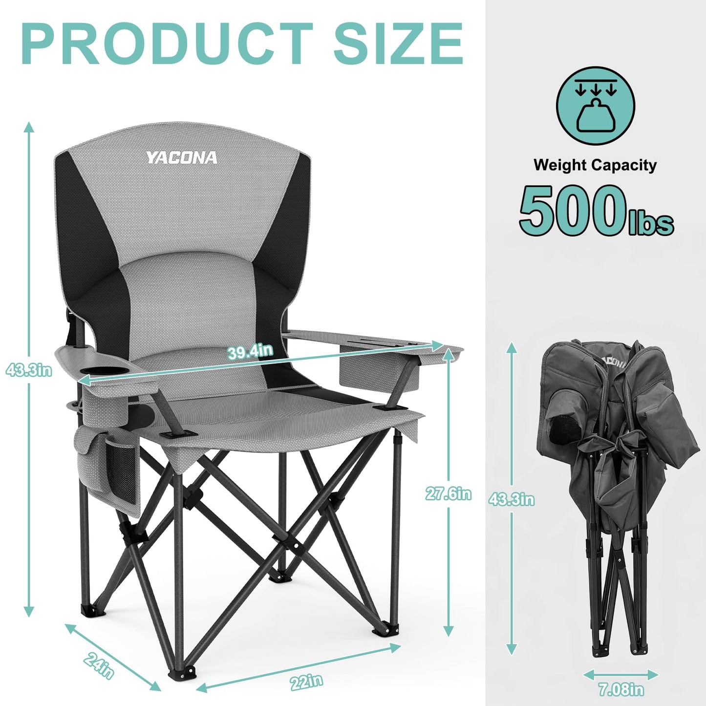 Oversized Camping Chairs 2 Pack - 500lbs Support Folding Camping Chair for Adults w/Padded Back & Arm Sport Chairs, Cup Holder Cooler Bag, Heavy Duty Portable Lawn Chairs for Sports Garden Beach