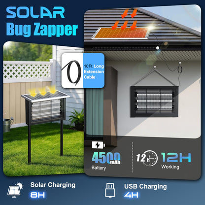 Solar Bug Zapper Outdoor, Upgrade 3-Tube 4500V Electric Mosquito Zapper, IPX6 Waterproof, Auto On/Off Rechargeable Electric Fly Insect Trap for Patio Yard Garden Camping RV (Black)