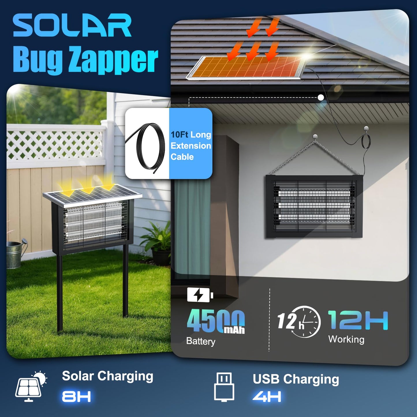 Solar Bug Zapper Outdoor, Upgrade 3-Tube 4500V Electric Mosquito Zapper, IPX6 Waterproof, Auto On/Off Rechargeable Electric Fly Insect Trap for Patio Yard Garden Camping RV (Black)