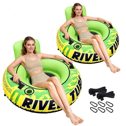 53" Heavy Duty River Tube for Floating with Canvas Cover, 2 Pack Tubing Floats for Lake Pool, Inflatable Water Tube for Floating with Cup Holder Handle Headrest, River Raft Carry 600lb of Adults