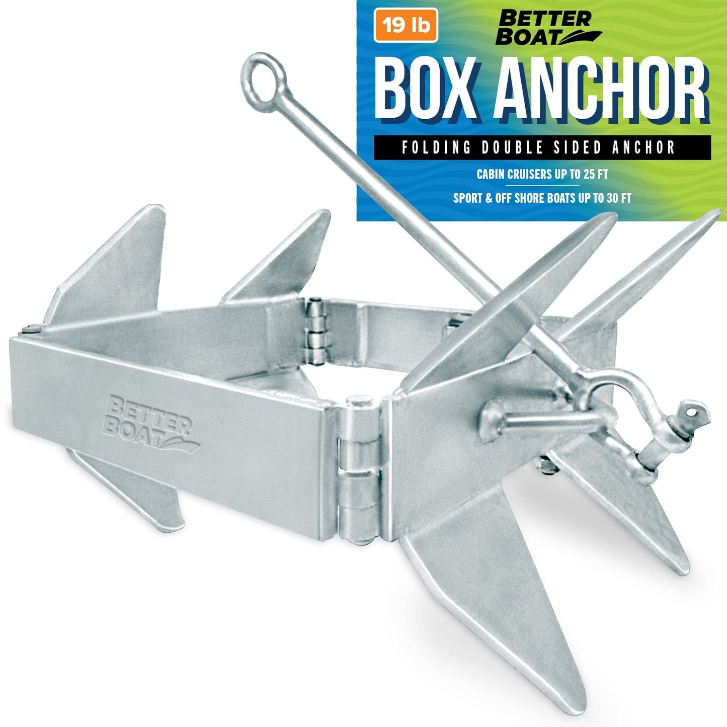 Better Boat 19lb Box Anchor for Boats up to 30ft, Folding Boat Anchor Hot Dip Galvanized, Double Sided Slide Anchor for Pontoon Cabin Cruiser and Fishing Boats