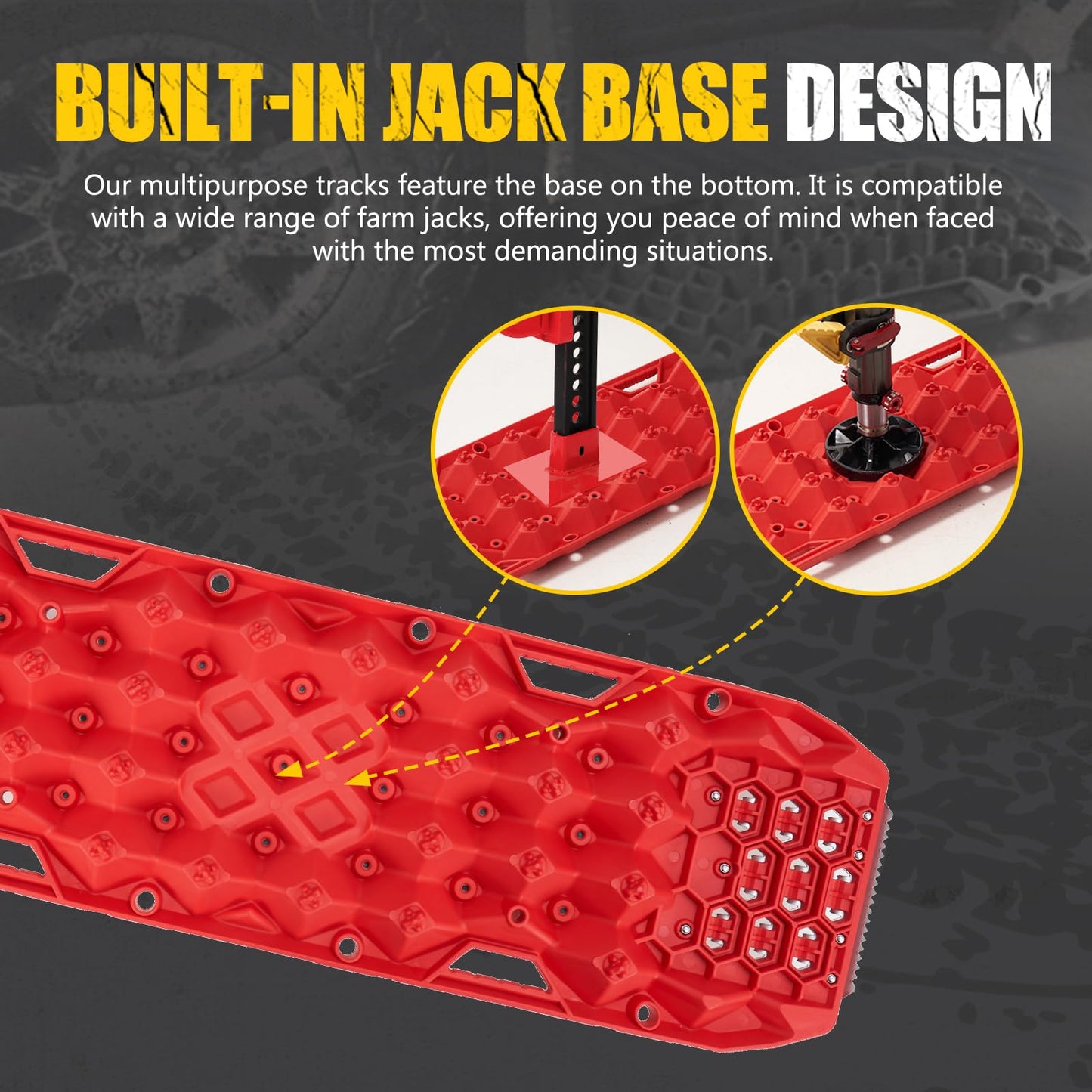 BUNKER INDUST Offroad Traction Board with Jack Base,Pair 47.24"L x 14"W Recovery Track Tire Traction Mat -Red Sand,Mud,Snow Ramps (Replaceable Dual Colors Teeth/Rugged Steel Plate) Gen 11th