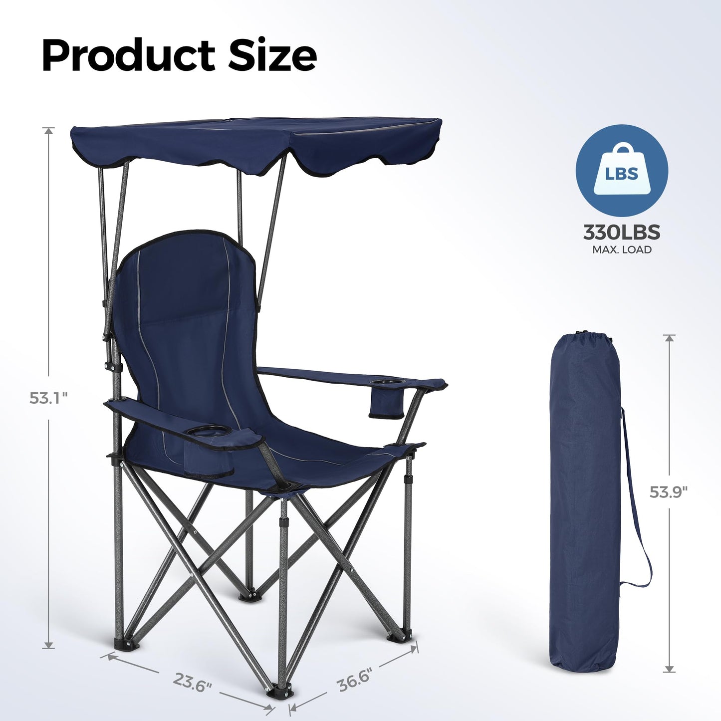 ALPHA CAMP Heavy Duty Canopy Camping Chair, 350 lbs Capacity Oversized Folding Chair with Adjustable Sunshade, Portable Sunshade Chair with Cup Holder for Beach, Fishing, Outdoor - Navy Blue,2PC