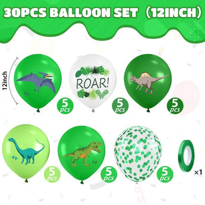 Dinosaur Balloons, 12 Inch Fruit Lime Dark Green White Confetti Balloons with Dinosaur Printed Pattern for Boys Jungle Theme Birthday Party Safari Woodland Baby Shower Decorations