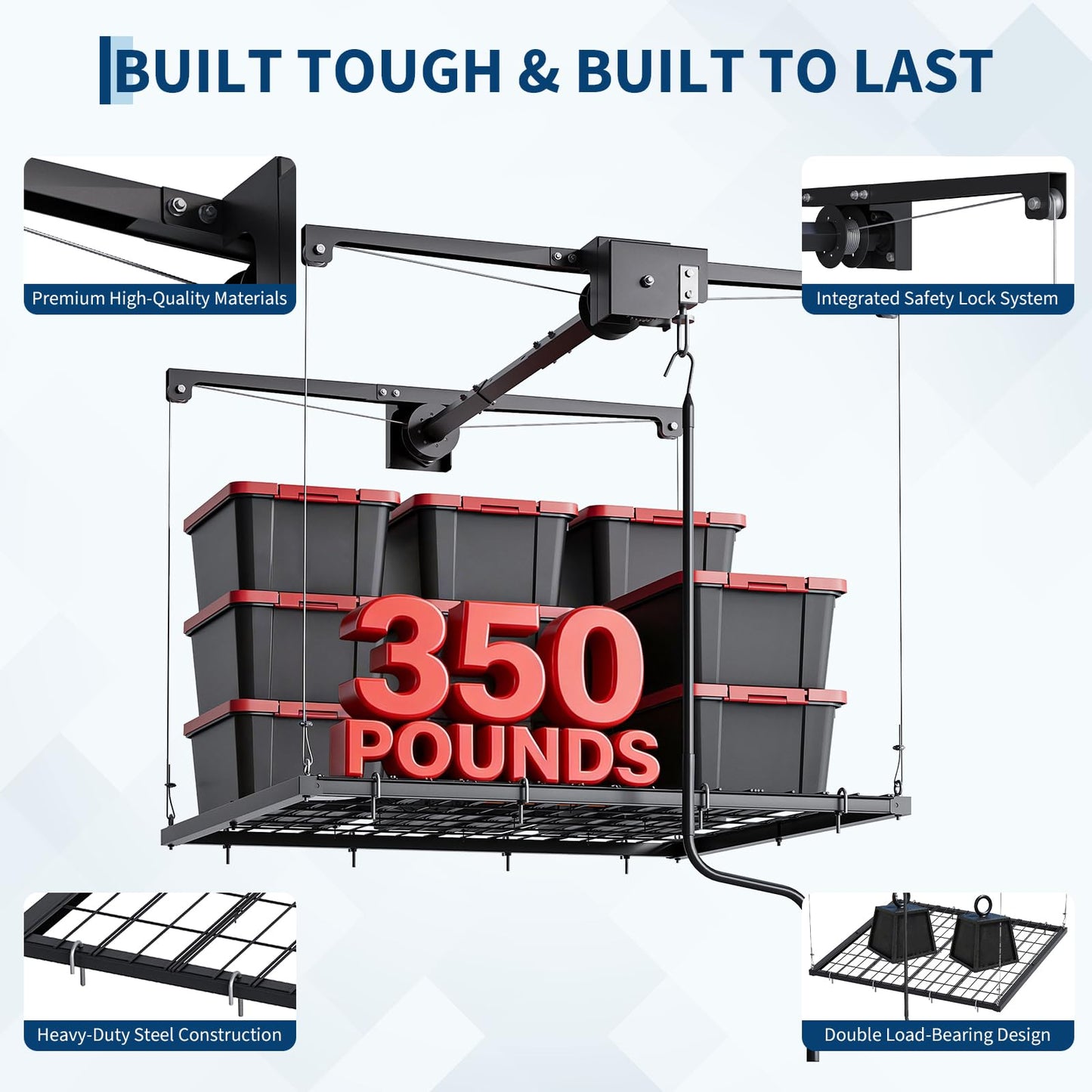 Overhead Garage Storage Rack, Adjustable 4x4 ft Ceiling Mounted Storage Racks with Dual Locking Safety System, 350 Lb Capacity Overhead Garage Storage Rack for Garage Ceiling Storage, Great for Bins