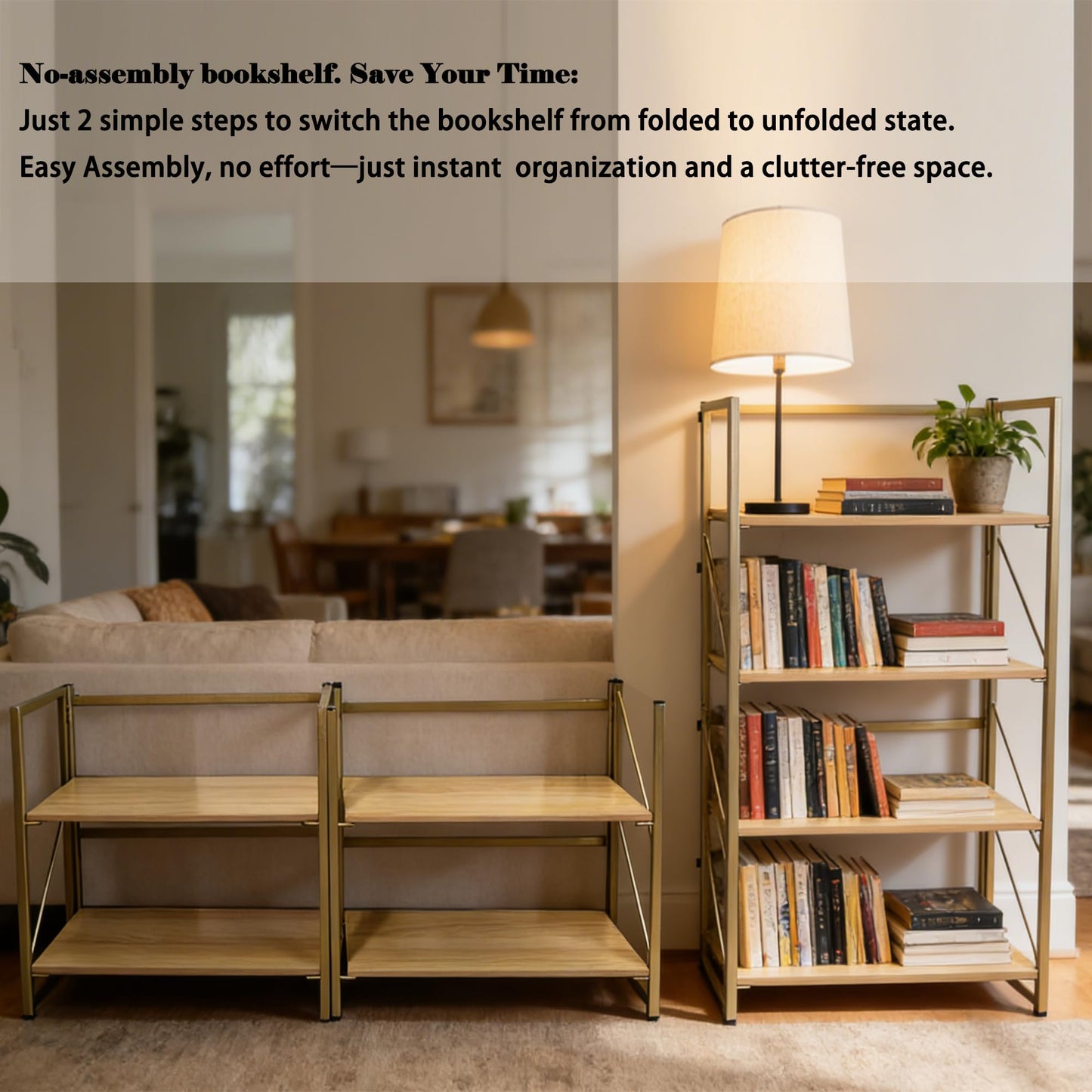 Kogven Folding Bookshelf, 2-in-1 Convertible Design, Multifunctional Plant Stand Storage Rack Shelves for Home Office, Easy Assembly, 4-Tier,Gold & Nature Wood