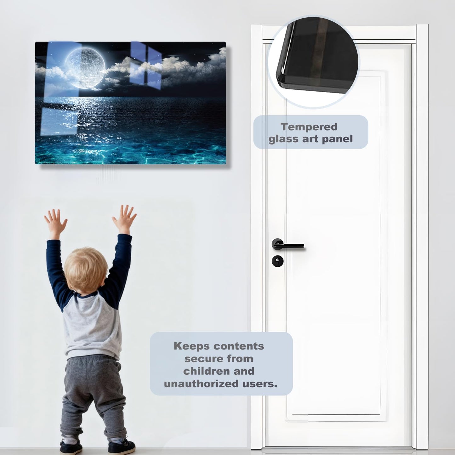 Moon Gun Safe for Handgun, Pistol Safe with Fingerprint & KEY Access, Moon Wall Art Glass Hidden Gun Storage with Decor Function For Wall-Mounted, Fathers Day Gift -18.8IN