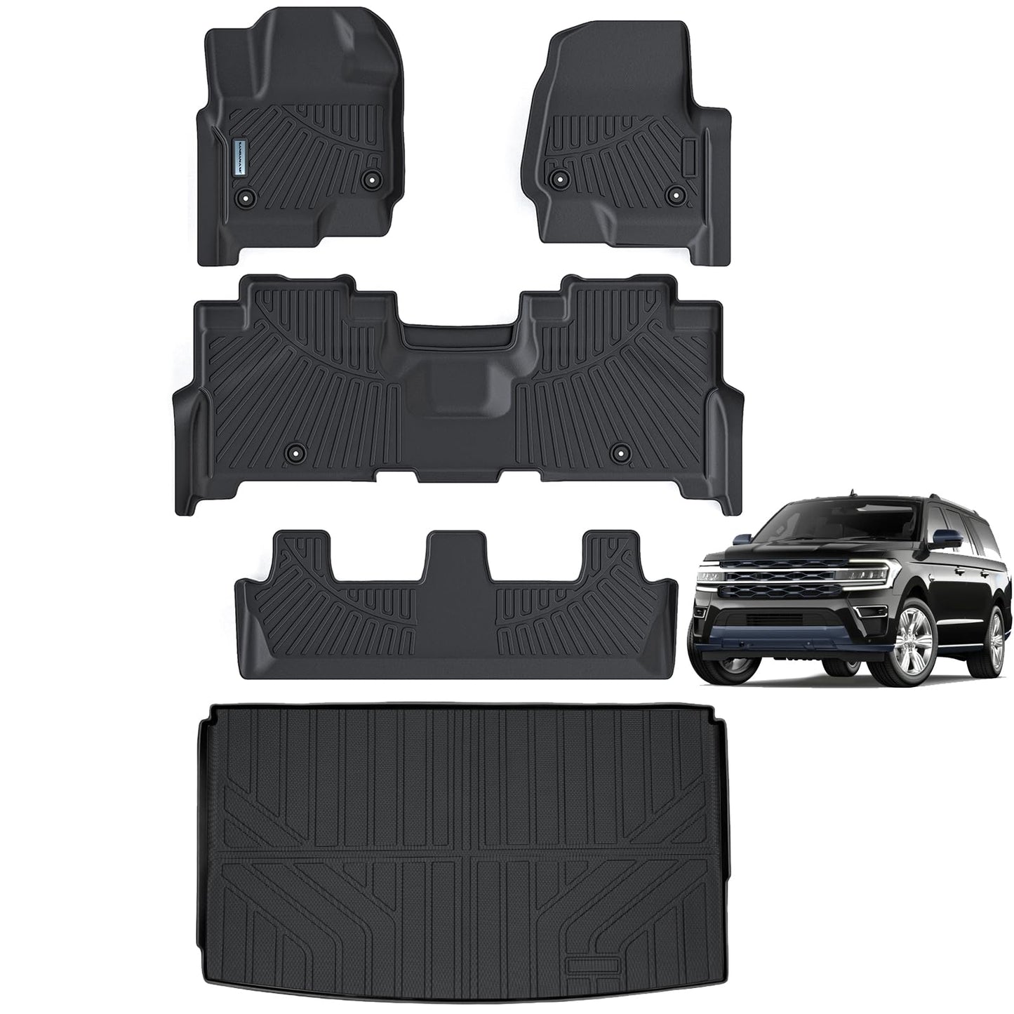 SANBAN-AXE Floor Mats & Trunk mat for 2018-2024 Ford Expedition MAX (Only Fit 8 Seats) (2 Row Bench Seat),TPE All Weather Protection 3 Rows Car Floor Liners with Cargo Liners Accessories