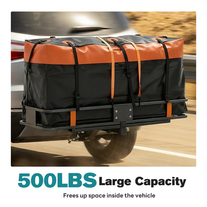 OLIXIS Folding Hitch Mount Cargo Carrier Basket 60x21x6 with Waterproof Luggage Bag, 500 Lbs Capacity Cargo Basket with Hitch Stabilizer, 16 Cubic Feet, Straps, Net