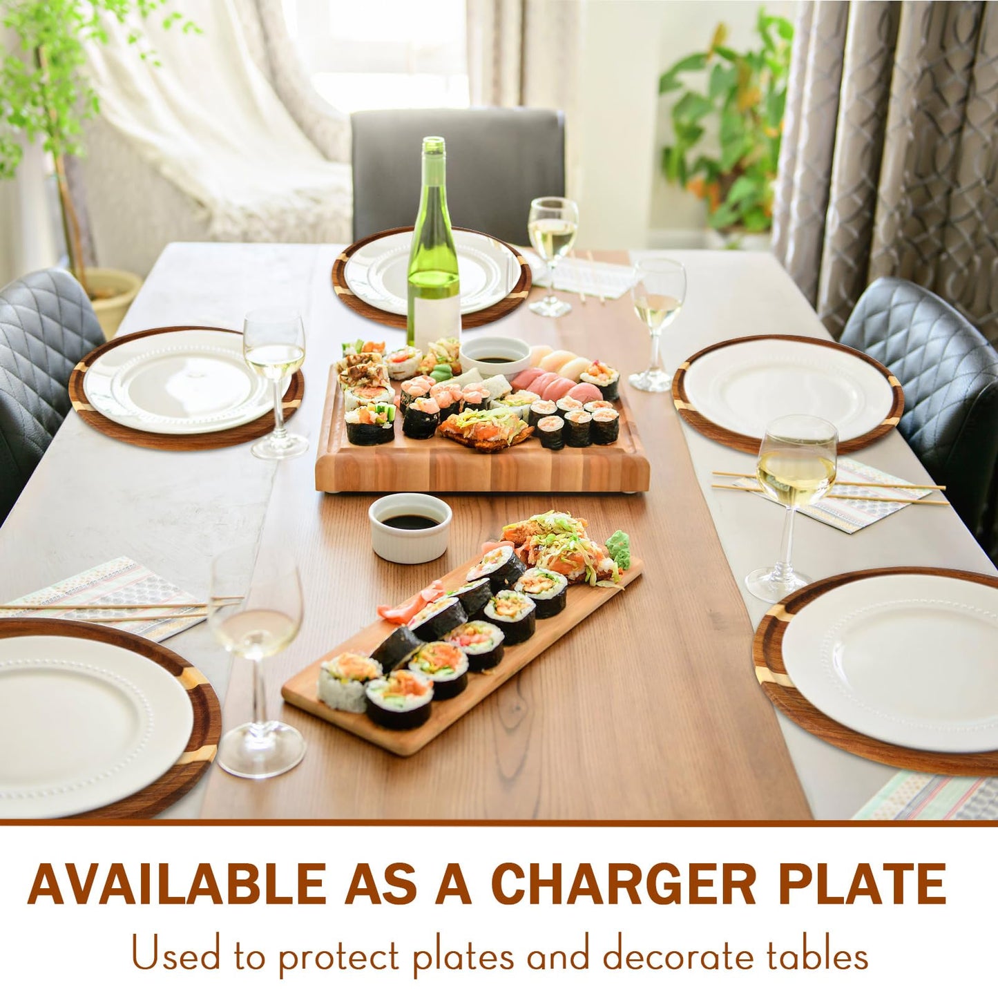 Rtteri 10 Pieces Acacia Round Wood Plates 14 x 0.6 Inch Dinner Plates Wooden Charger Platter Bulk Easy Cleaning Lightweight Serving Tray for Dishes Snack Dessert