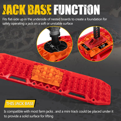 BUNKER INDUST Off-Road Traction Boards with Jack Lift Base,2 Pcs Multifunctional Recovery Track for 4WD UTV SUV Truck-Mud, Snow, Sand Tracks Red Tire Traction Mat with Carry Bag (Gen 9th)