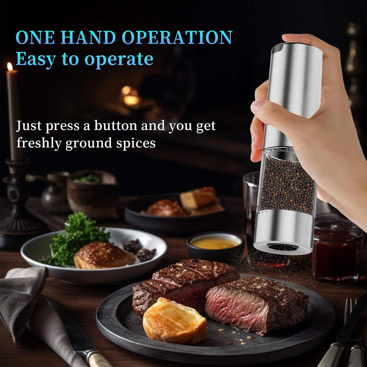 Skiennix Electric Salt and Pepper Grinder Set - Type-C Fast Charging, Adjustable Coarseness, Stainless Steel | LED Light