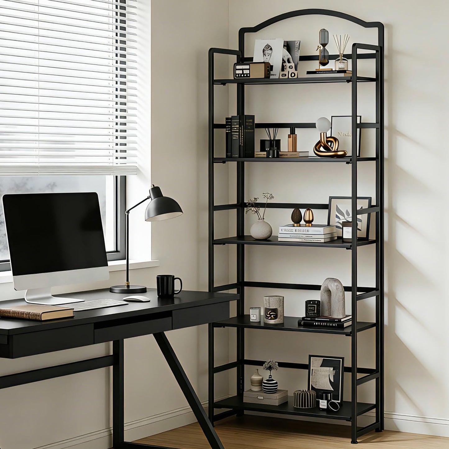 JSB 5 Tier No Assembly Folding Bookshelf, Arched Bookshelf, Foldable Bookcase for Living Room, Bedroom, Office,Skinny Bookshelf (Black)