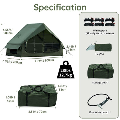 WaldZimmer Inflatable Camping Tent with Hand Pump Waterproof Outdoor Blow up Tent Oxford 4 Season Air Tent Cabin House with Mesh Windows & Door 12sq/6sq Green (9.74ft*6.46ft*6.56ft (3-4 Person))
