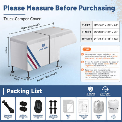 Truck Camper Cover for 10–12FT Slide-in Campers – 300D Oxford Waterproof RV Cover, Silver-Coated, All-Weather Protection with Windproof Straps & Air Vents